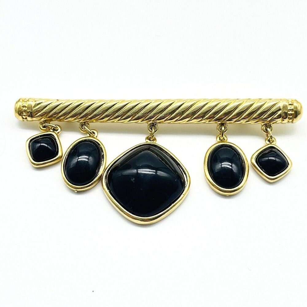 Vintage TRIFARI TM Brooch Gold Tone Black Cabochon Bar Signed Statement